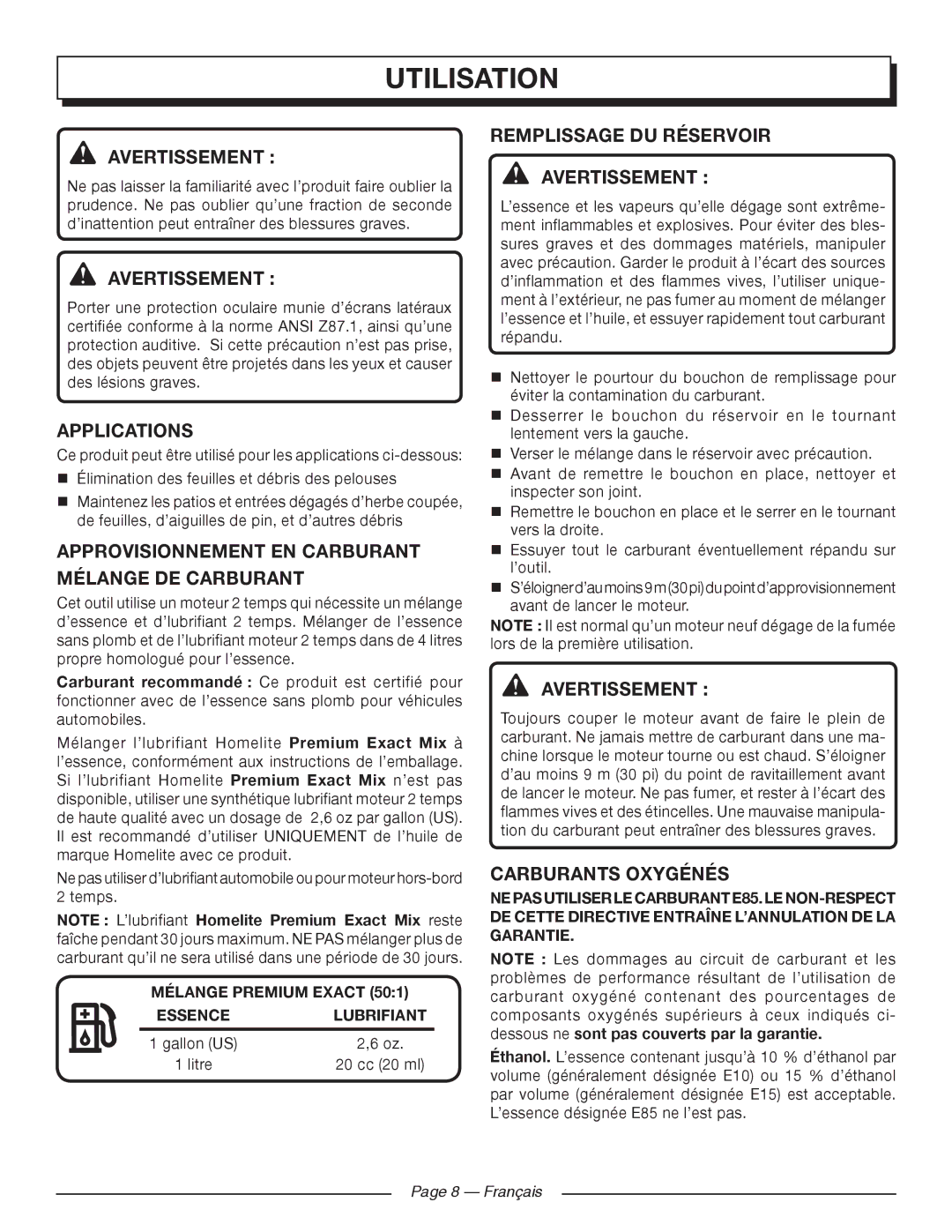 Homelite UT09520 Utilisation, Avertissement , Approvisionnement EN Carburant Mélange DE Carburant, Carburants Oxygénés 